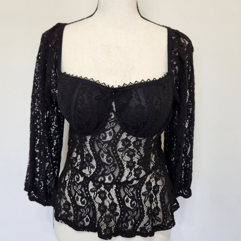 Haute Monde Shirt Top Black Lace Coquette Puff Sleeve Festival Whimsigoth Medium - Picture 3 of 13